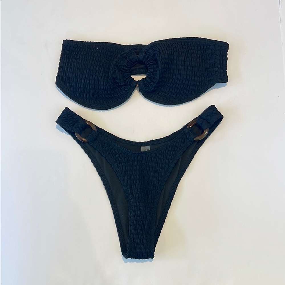 Black Bandeau Textured Bikini Set with Ring Detailing Size Medium